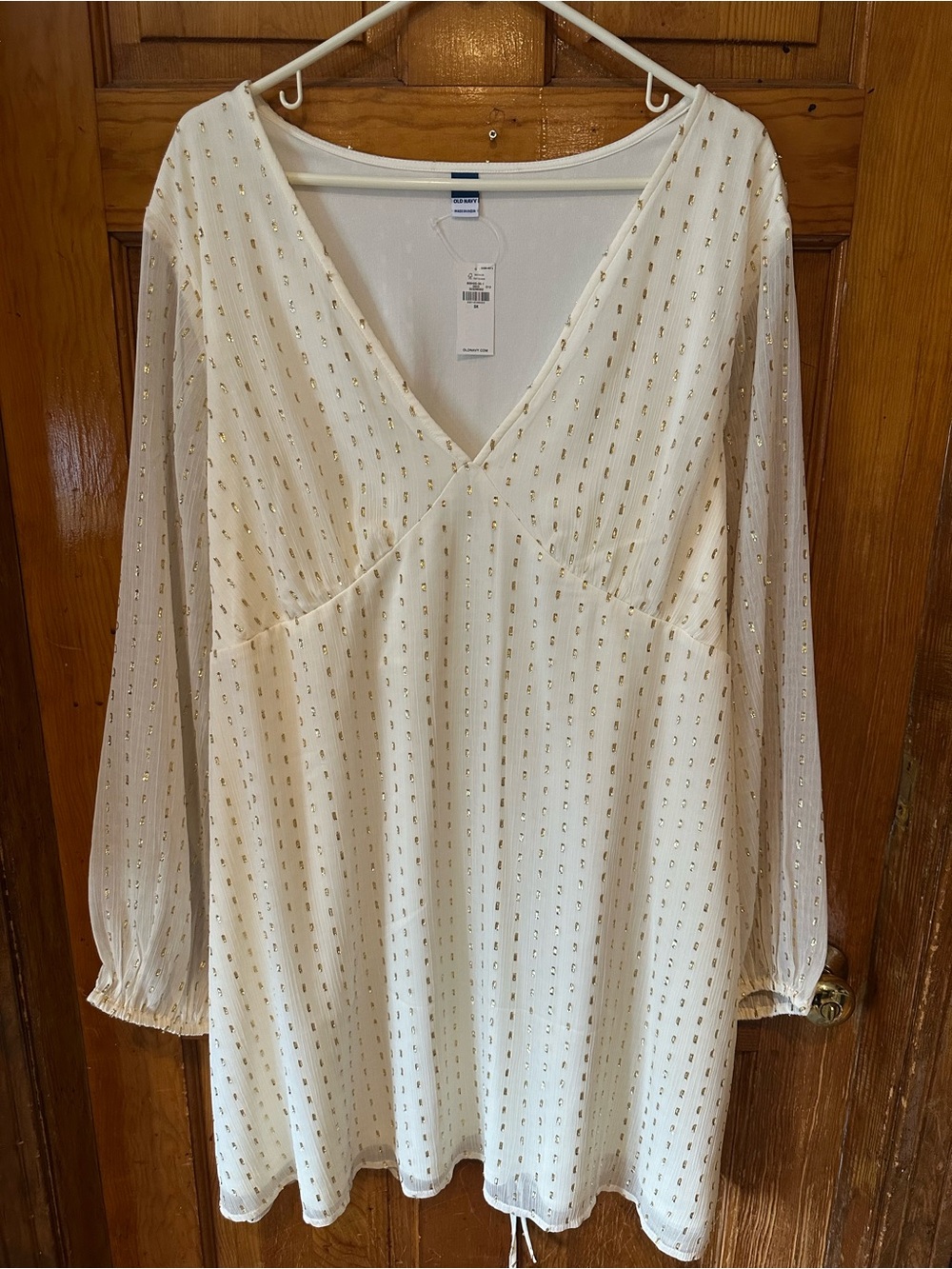 Old Navy Cream V-Neck Long Sleeve Dress with Gold Dot Accents